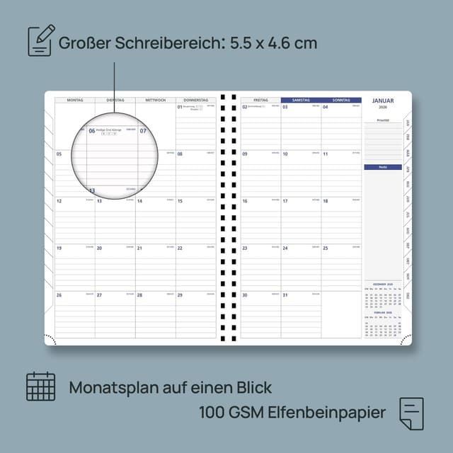 Detalle de POPRUN Terminplaner 2026 A4 Ringbuch – Wochenplan mit 15-Minuten-Taktung & Monatsregister (Deutsch, Schwarz)