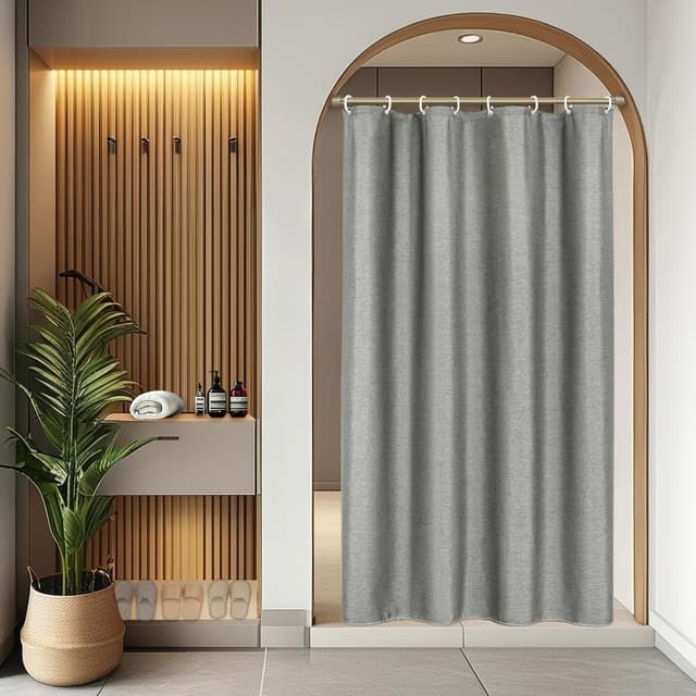 Detalle de Rideau de douche fin en lin texturé 120 x 200 cm avec 8 œillets – gris, imperméable et anti-moisissure