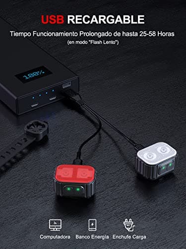 Detalle 2 de CIRYCASE juego de luces para bicicleta delantera y trasera LED recargables USB (8+12 modos, IPX6)