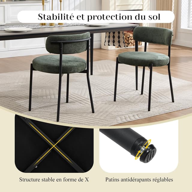 Detalle de Lot de 4 chaises de salle à manger Orirsnug en velours vert avec dossier incurvé et pieds métal noirs