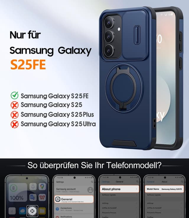 Thumbnail 6 de AOUIA Hülle für Samsung Galaxy S25 FE mit 2× Panzerglas, Kameraschutz & 360° Ring-Kickstand – stoßfest, blau
