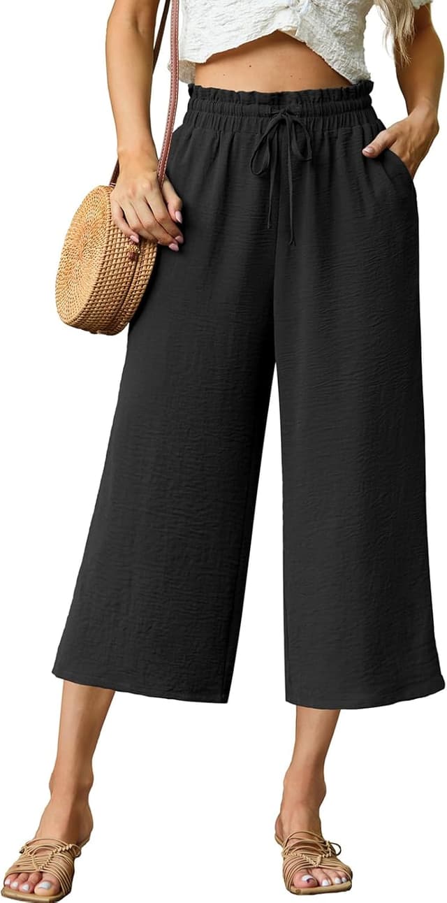 Detalle de FREEOAK Women’s High-Waisted Capri Pants with Wide-Leg Fit, Pockets & Adjustable Drawstring