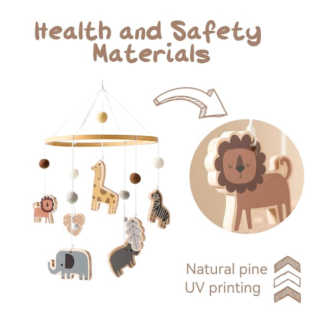 Detalle de Mobile Baby Windspiele mit bunten Safari-Motiven – Bettglocke aus Filz & Naturholz für Kinderzimmer-Deko