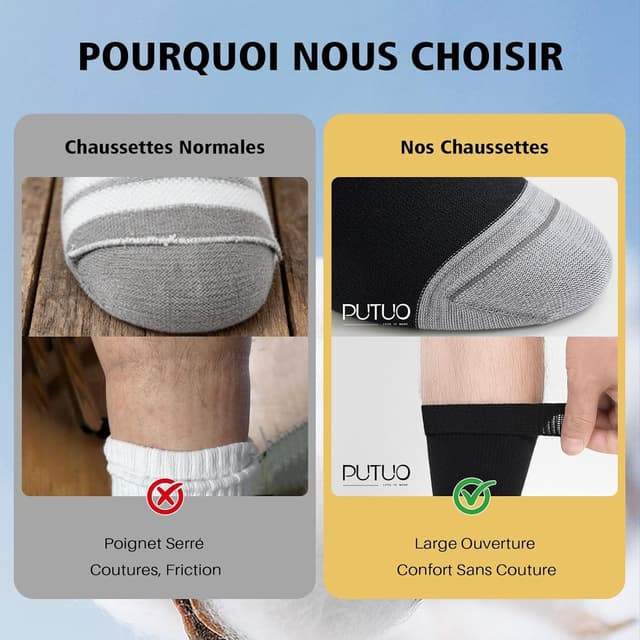 Detalle de PUTUO chaussettes diabétiques extra larges sans couture (lot de 6) pour pieds gonflés