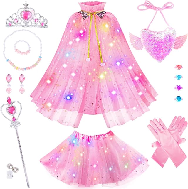 Detalle de Déguisement Princesse fille 3+ ans avec cape illuminée et couronne (3 à 8 ans) – ensemble jeu de rôle lumineux