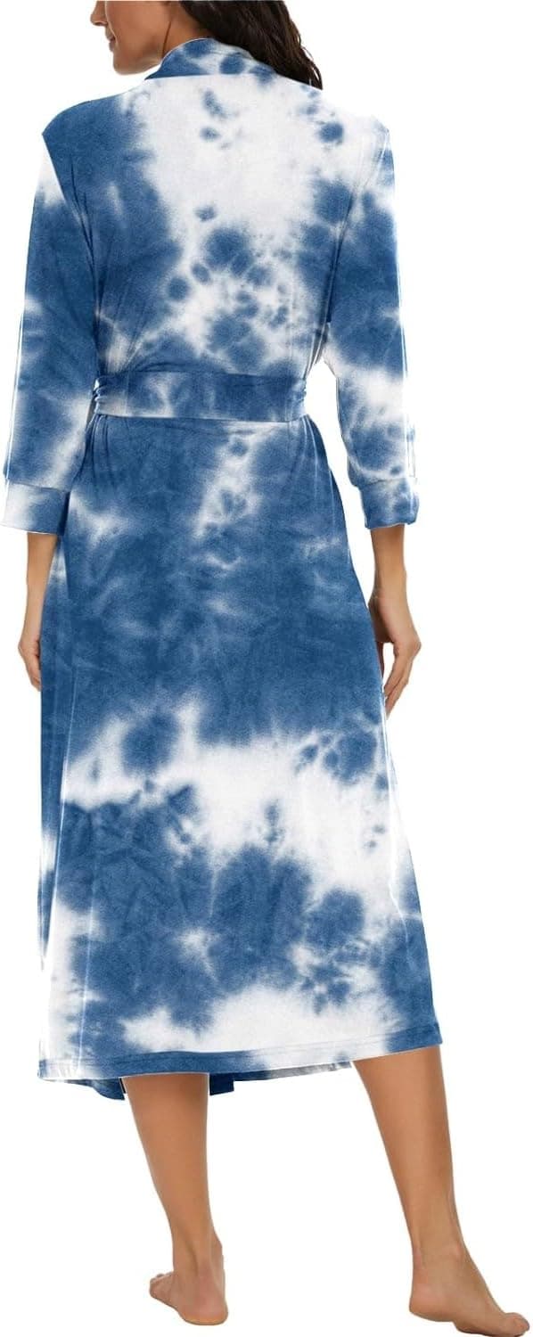 Detalle de PrinStory Damen-Bademantel mit 3/4-Ärmeln, V-Ausschnitt & Kimono-Robe (leicht, 95% Viskose/5% Elasthan)