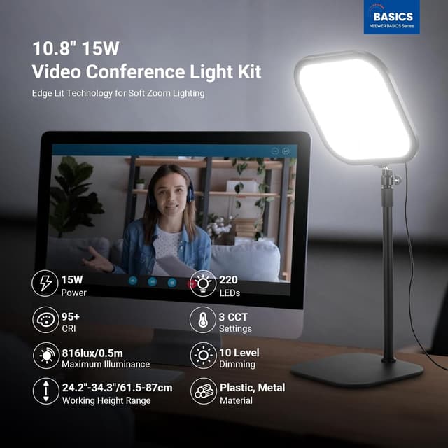 Detalle de NEEWER Basics 10.8" Video Conference Lighting with Desk Stand & Phone Holder (15W Bi-Colour, CRI95+)