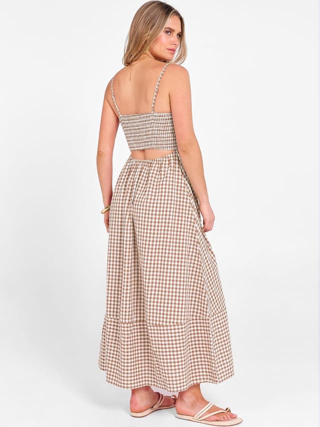 Detalle de Caracilia Women’s Gingham Spaghetti Strap Back Smocked Maxi Dress (Rayon) with Pockets