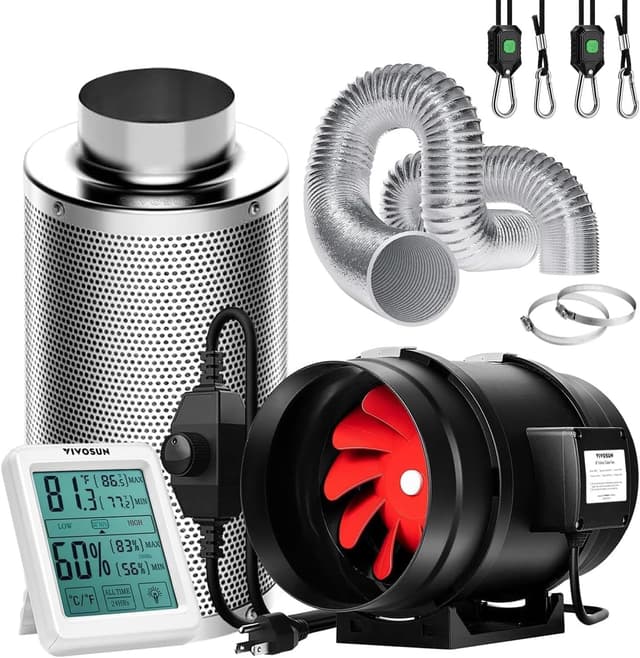 Detalle de VIVOSUN Ventilatore Inline a Canale 200 mm con aspiratore 1223 m³/h, filtro a carbone attivo e sensore temperatura-umidità per grow tent
