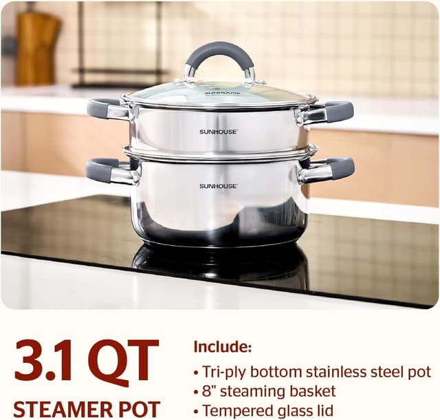 Detalle 2 de SUNHOUSE 3-Quart Steamer Pot for Vegetables 🍲