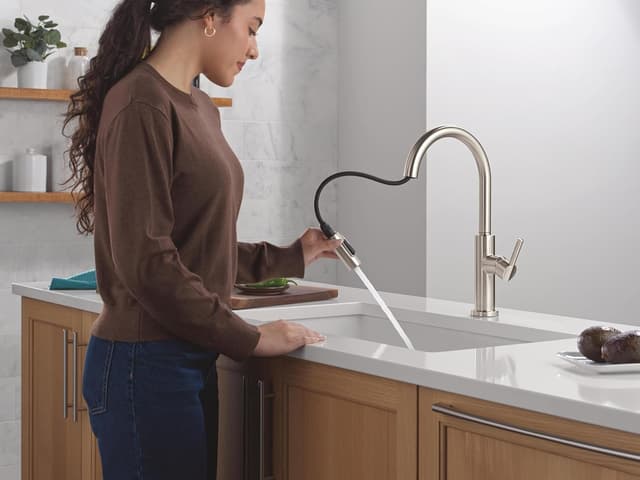 Detalle de Delta Faucet Nicoli Kitchen Faucet with Pull Down Sprayer, Brushed Nickel (19867LF-SS)
