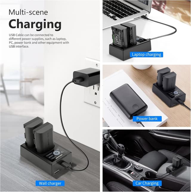 Detalle de NEEWER Ersatzakku- & Ladegerät-Set für LP-E6NH/LP-E6N (2x 2250 mAh) mit Dual-USB-Lader und USB-C-Kabel