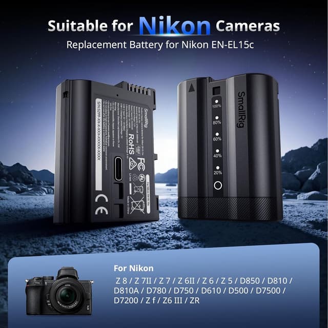 Detalle de SmallRig EN-EL15c da 2.520 mAh con ricarica USB-C e indicatore LED per Nikon Z e D (completamente decodificata)