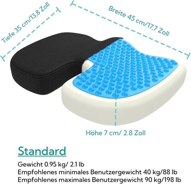 Detalle de bonmedico orthopädisches Sitzkissen aus Memory Foam mit Kühlgel – Steißbeinkissen für Auto & Büro (45x35x7 cm, 40–90 kg)