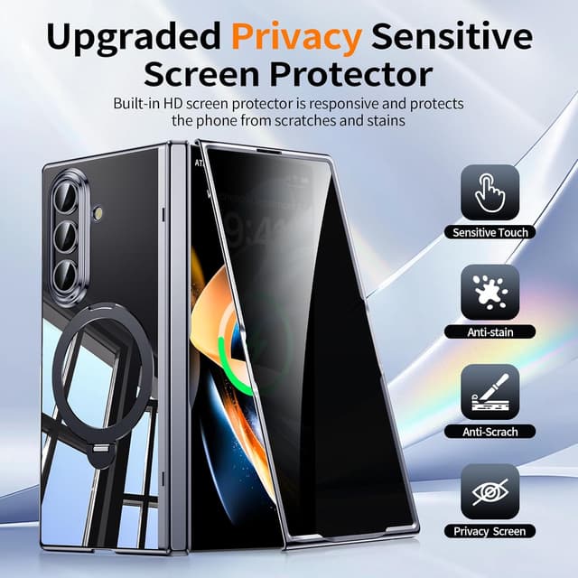 Detalle de Clear for Galaxy Z Fold 7 Case with Privacy Screen Protector, Magsafe Fit, Magnetic Kickstand & Ring Holder (Hinge Protection) - Black