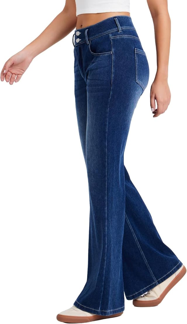 Detalle 2 de LaiEr Women’s Wide-Leg Jeans with Double Row Button Zip Placket – High Elastic Denim Look for Casual, Yoga & Fitness