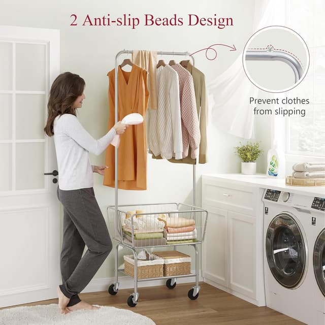 Detalle 2 de Tajsoon Laundry Cart with Clothes Rack (Chrome) – mobile laundry hamper with hanging rail and lockable wheels