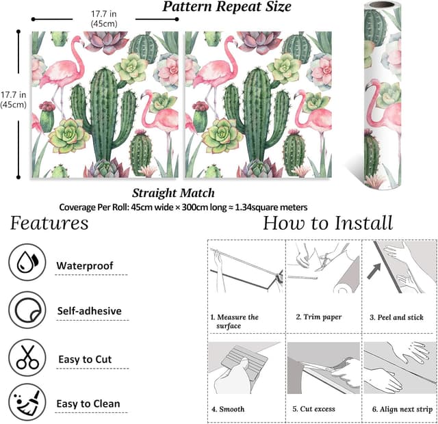 Thumbnail 6 de VEELIKE Watercolor Cactus Flamingo Wallpaper 44.5×300cm