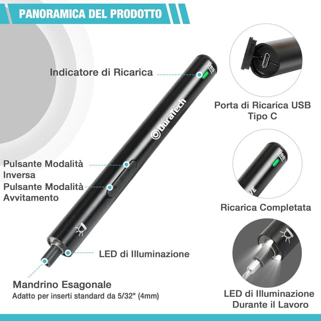 Detalle de DURATECH Set 55 cacciaviti elettrici di precisione con magnetizzatore e ricarica USB-B