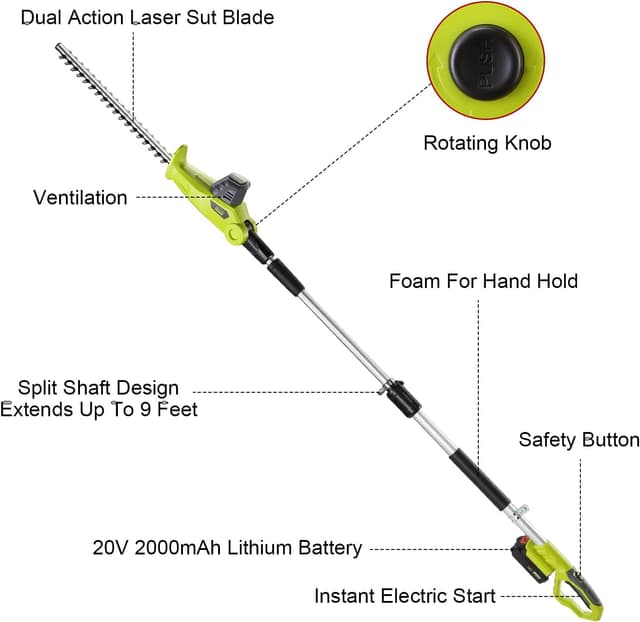 Detalle de DEWINNER Elettrico Pole 20 V 2,0 Ah – Tagliasiepi su palo telescopico senza fili, fino a 2,40 m