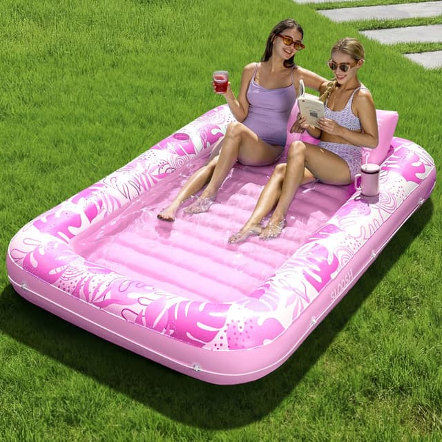 Detalle de SLOOSH Inflatable Tanning Pool Lounger Float (85" x 57") for Adults, Extra Large Sunbathing Raft with Removable Pillow, 4-in-1 Design, Blushing Pink