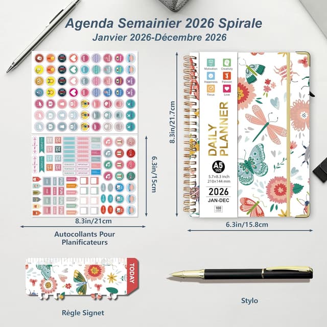 Detalle 2 de NEYSA Agenda 2026 semainier spirale A5 (janvier à décembre) avec stickers, onglets mensuels et pochette