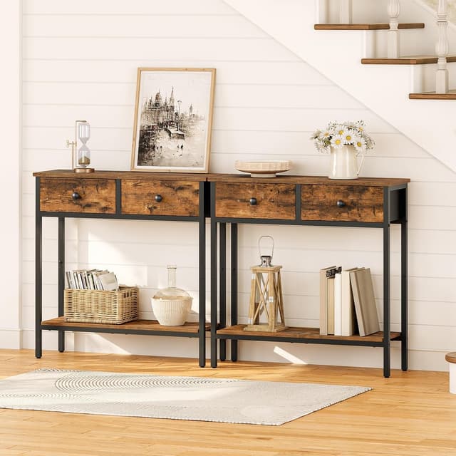 Detalle de HOOBRO Consolle Ingresso con 2 Cassetti in Tessuto EBF71XG01, 75 x 24 x 75 cm per corridoio e soggiorno