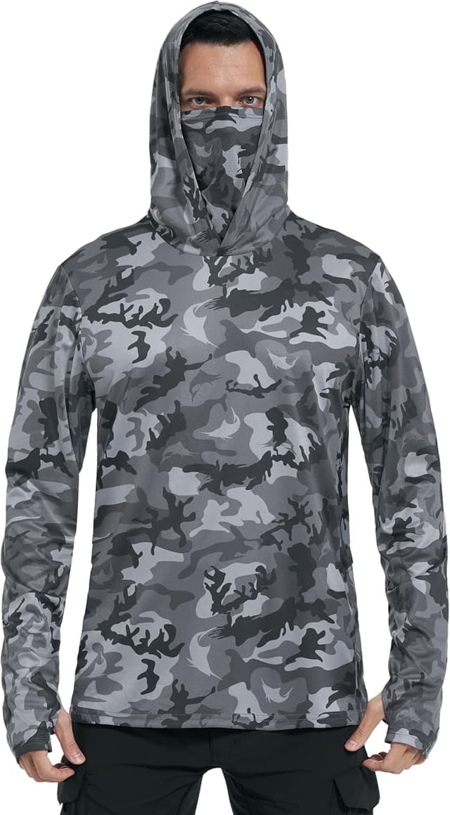 Detalle de FISHEAL Men’s Performance Fishing Hoodie Shirt with UPF 50+ Sun Protection, Thumbholes & Neck Gaiter