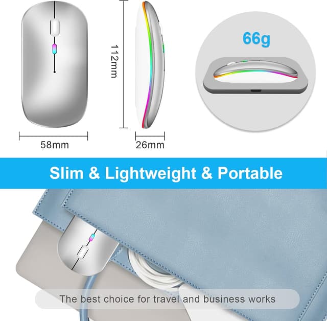 Detalle de Kabellose Bluetooth-Maus für Laptop mit 2.4GHz Dual-Empfänger, wiederaufladbar (Bluetooth 5.2 + USB A + USB C) – 1600 DPI, silber