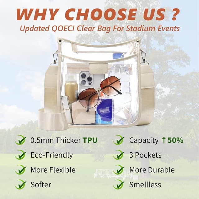 Detalle de QOECI Large 3-Pocket Clear Stadium Bag with 2 Extra-Long Adjustable Straps (Stadium Approved)