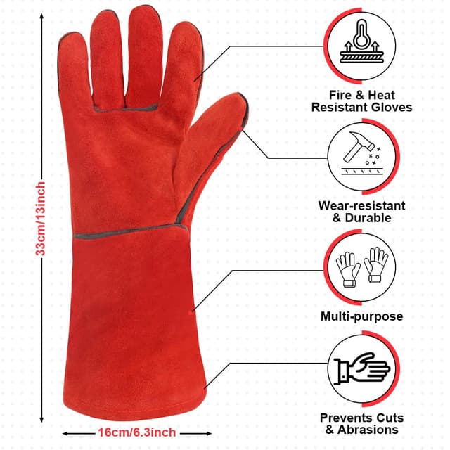 Detalle de AUAUY Heat-Resistant Long Leather Gauntlets – protective fire gloves for welding, BBQ, oven & fireplace use (red)