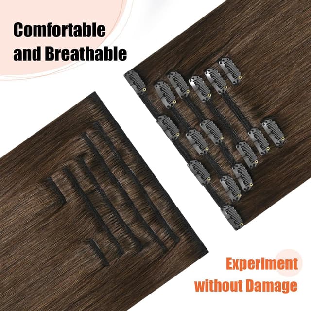 Detalle de UGOTRAYS Medium Brown Clip-In Hair Extensions (Real Human Hair), 7pcs/70g, 18-inch