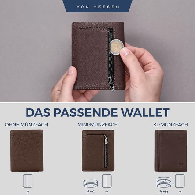 Detalle de VON HEESEN Leder-Geldbörse mit Münzfach & RFID-Schutz – Echtleder Portemonnaie in Braun