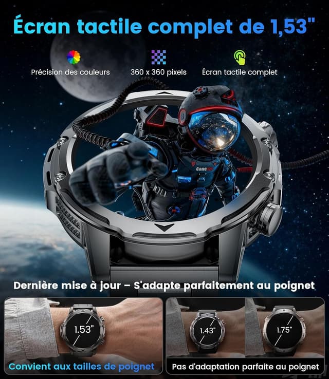 Detalle de FitVigor EF23 : montre connectée homme avec écran HD 1,53", batterie 1000 mAh, 3 bracelets et lampe LED