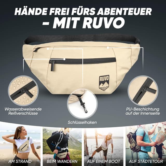 Detalle 2 de RUVO Sac banane beige unisexe à 4 compartiments zippés