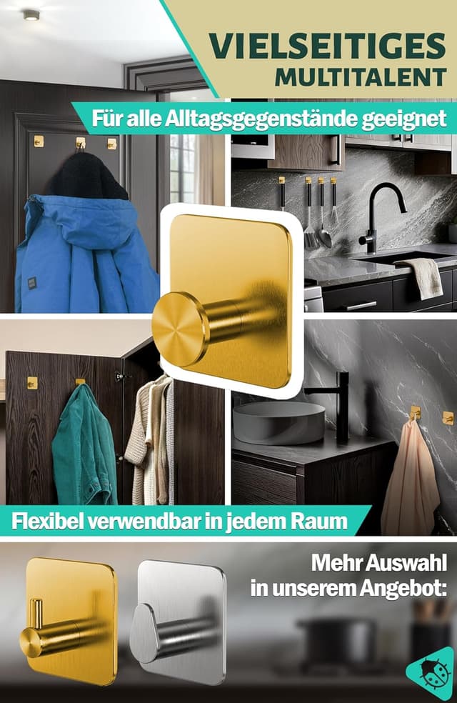 Detalle de Menz Handtuchhalter ohne Bohren (Golden) – 6 selbstklebende Klebehaken aus V2A, bis 10 kg