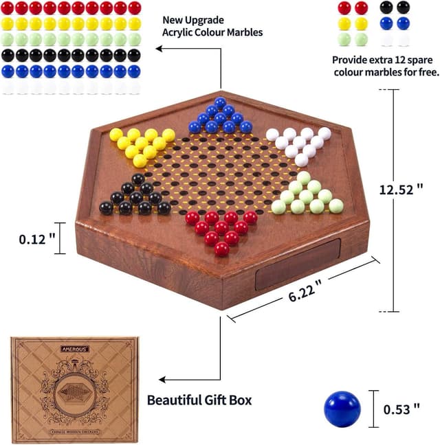 Detalle de AMEROUS 12.5-Inch Wooden Chinese Checkers Set with Storage Drawer (60 Acrylic Marbles + 12 Spare)