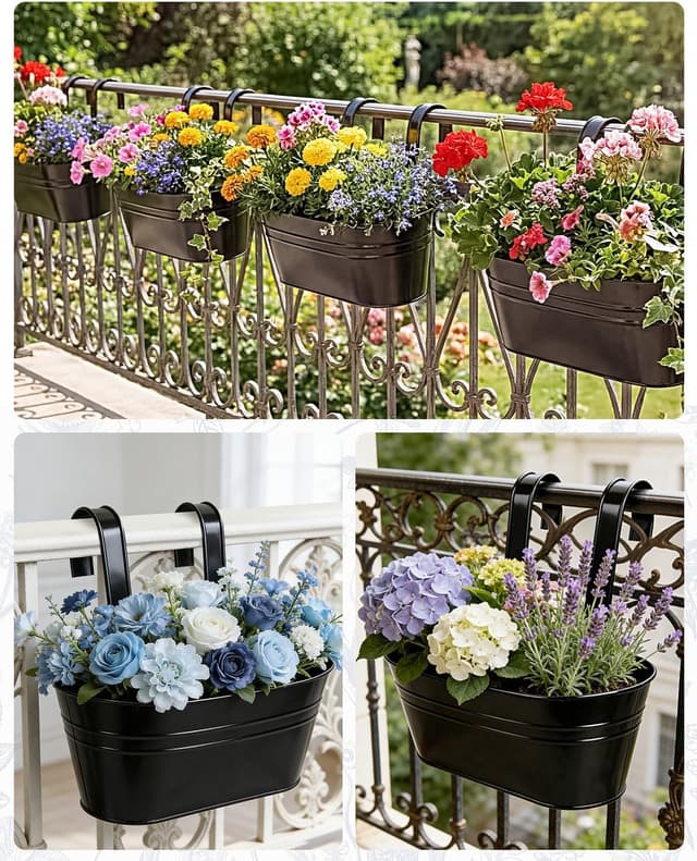 Detalle de 4 Pack Black Galvanised Iron Hanging Flower Pots with Detachable Hooks (Large) – Balcony & Fence Planters