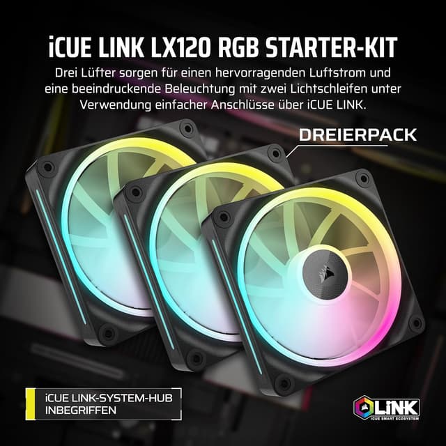 Thumbnail 1 de Corsair iCUE LINK LX120 RGB 120mm PWM Lüfter 3er-Pack