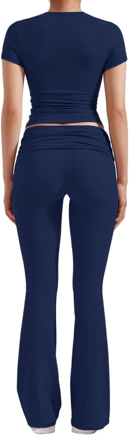 Detalle 2 de YETOWA Women’s 2-Piece Lounge Outfit Set (Slim Short-Sleeve Top + Low-Rise Flare Leggings)