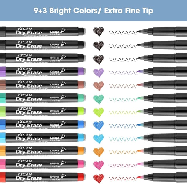 Thumbnail 4 de YISAN Magnetische Whiteboard-Stifte mit ultrafeiner 0,7-mm-Spitze (12 Farben) inkl. Radiergummi