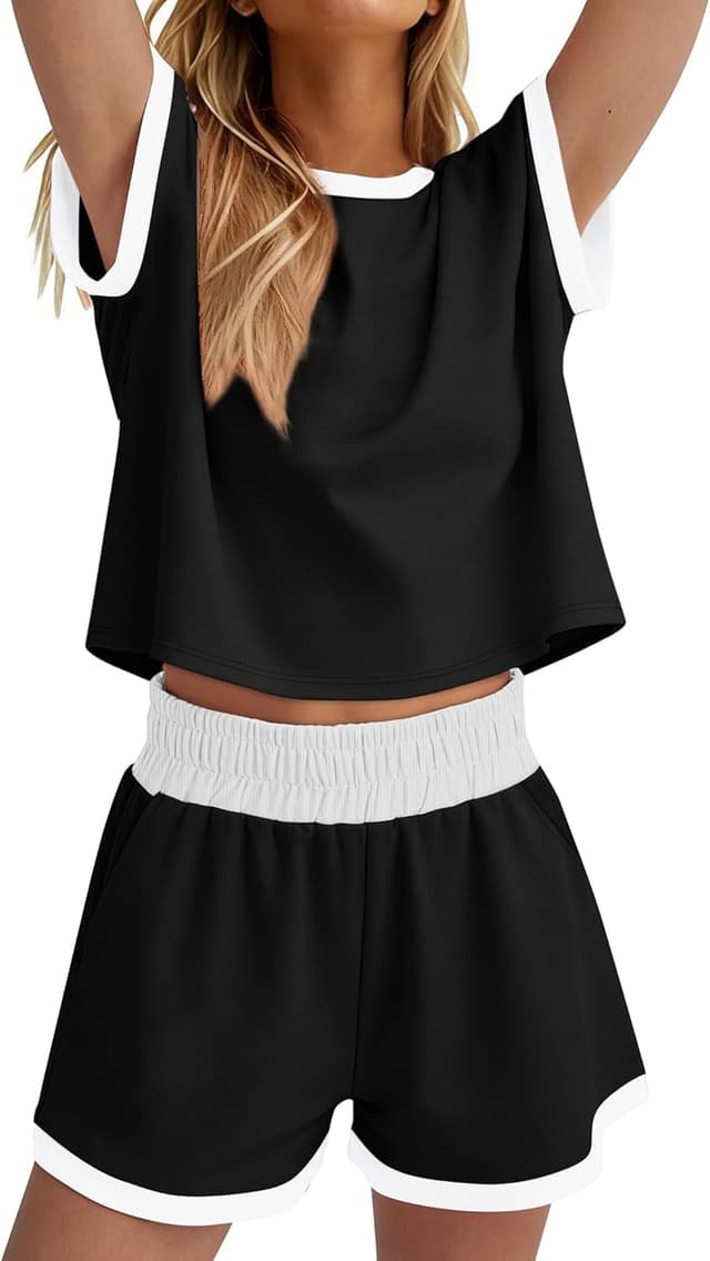 Detalle de WIHOLL Women’s Two-Piece Summer Lounge Set (Cap Sleeve Crew Neck Top + Drawstring Shorts with Pockets) XS–2XL