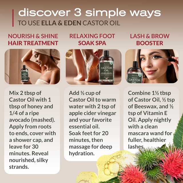 Detalle 2 de Ella & Eden Organic Castor Oil (Cold-Pressed, Hexane-Free, Unrefined) – 32 fl oz