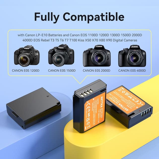 Detalle 2 de Lot de 3 batteries AKTTKA LP-E10 1500 mAh avec charge directe USB-C (câble 2-en-1) pour Canon LP-E10