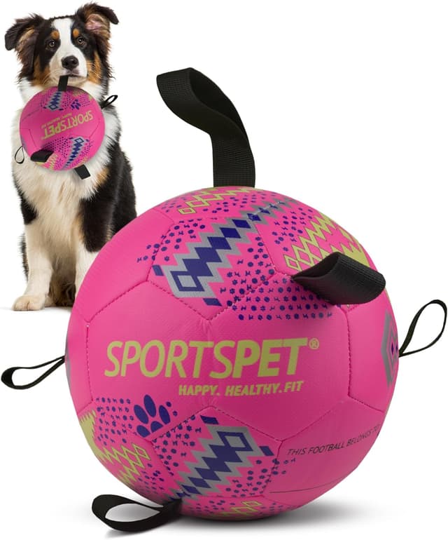 Detalle de SPORTSPET Dog Football with Grab Tabs (Pink, Medium) – Durable interactive floating dog volleyball-style toy