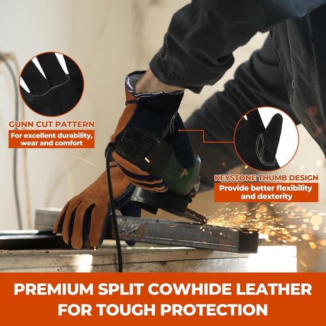 Detalle 2 de HANDLANDY Cowhide Leather Work Gloves (Leather Work Gloves Thorn Proof) for TIG/MIG Welding, Woodworking & Gardening – Black-Camel, L