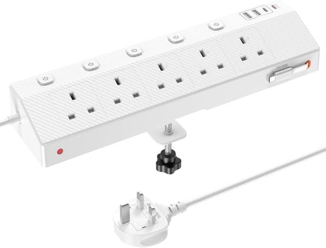 Detalle de STGAROT Desk Extension Lead 1.8M with PD 30W retractable USB-C cable, 5-way power strip and desk clamp