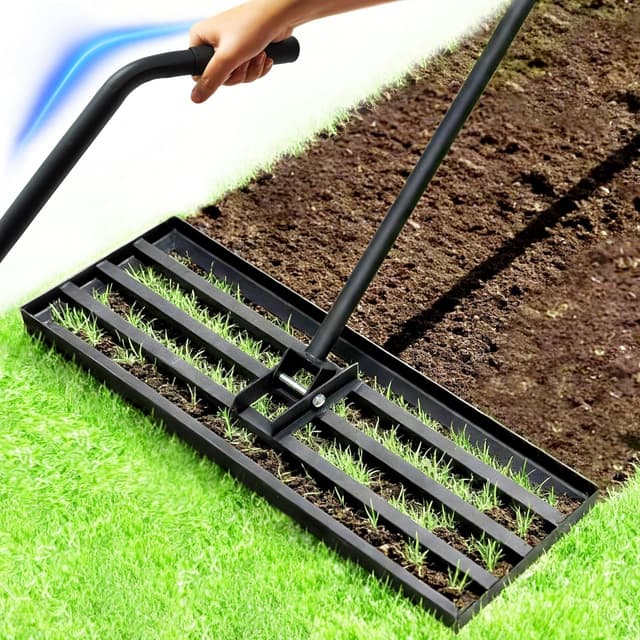 Detalle de Lawn Levelling Rake 75x25cm Heavy Duty with Ergonomic Curved Handle, 185cm