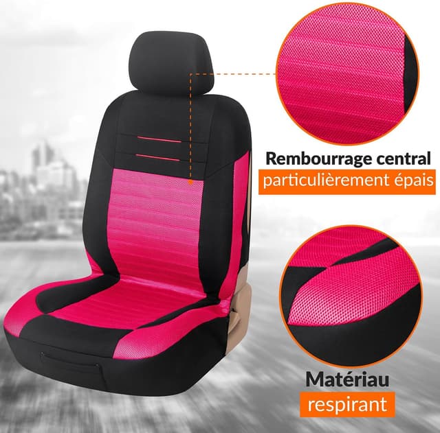 Detalle de upgrade4cars Housse de siège voiture universelle noir et rose (ensemble avant/arrière, lot de 9)