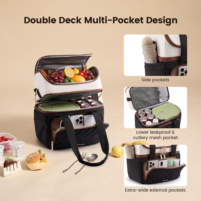 Detalle de LOVEVOOK Large 15L Insulated Lunch Bag with Double Deck, Cup Holder & Leakproof PEVA Liner